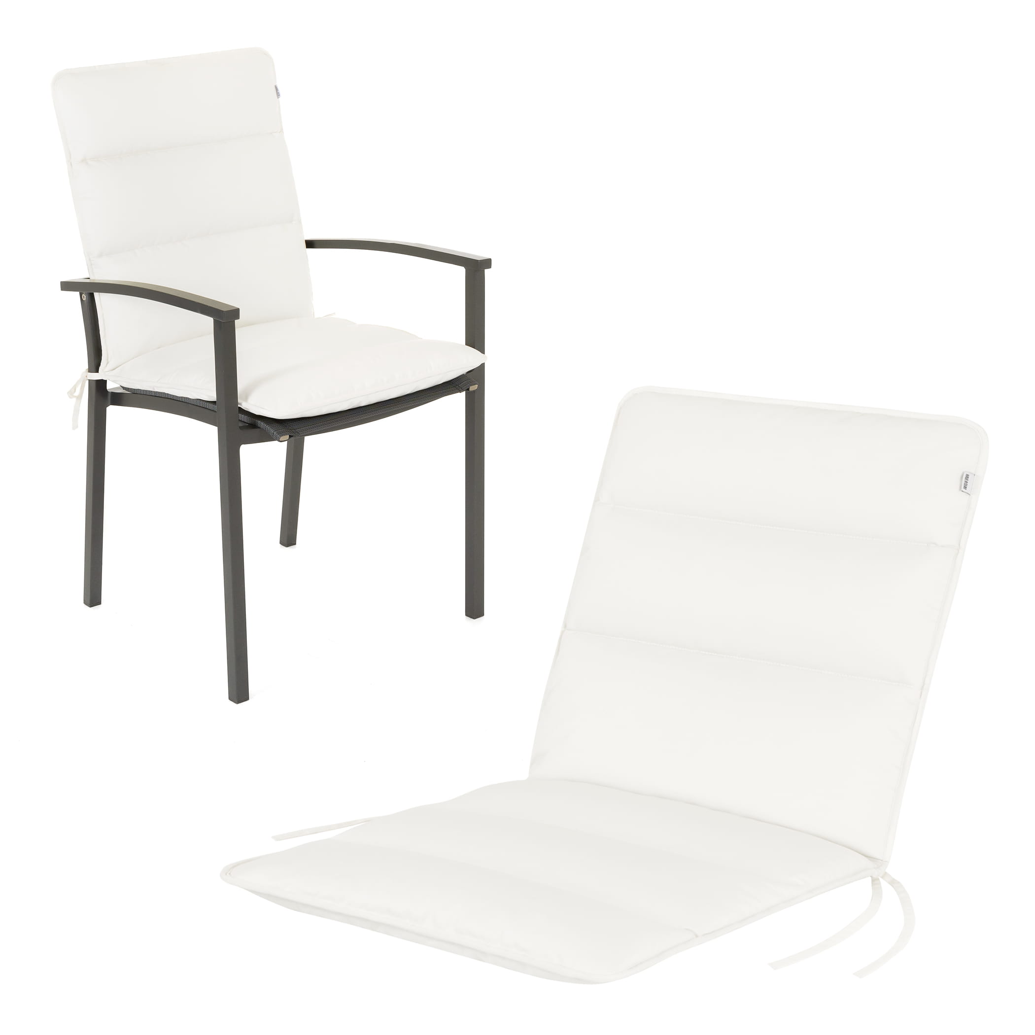 Sitzauflage Niedriglehner Flair | 100x48 cm | Cremeweiß Weiche Gartenstuhlauflage Flair 120x48 cm in Weiss – Seitenansicht und auf einem Niedriglehner-Stapelstuhl mit Mesh-Sitzfläche