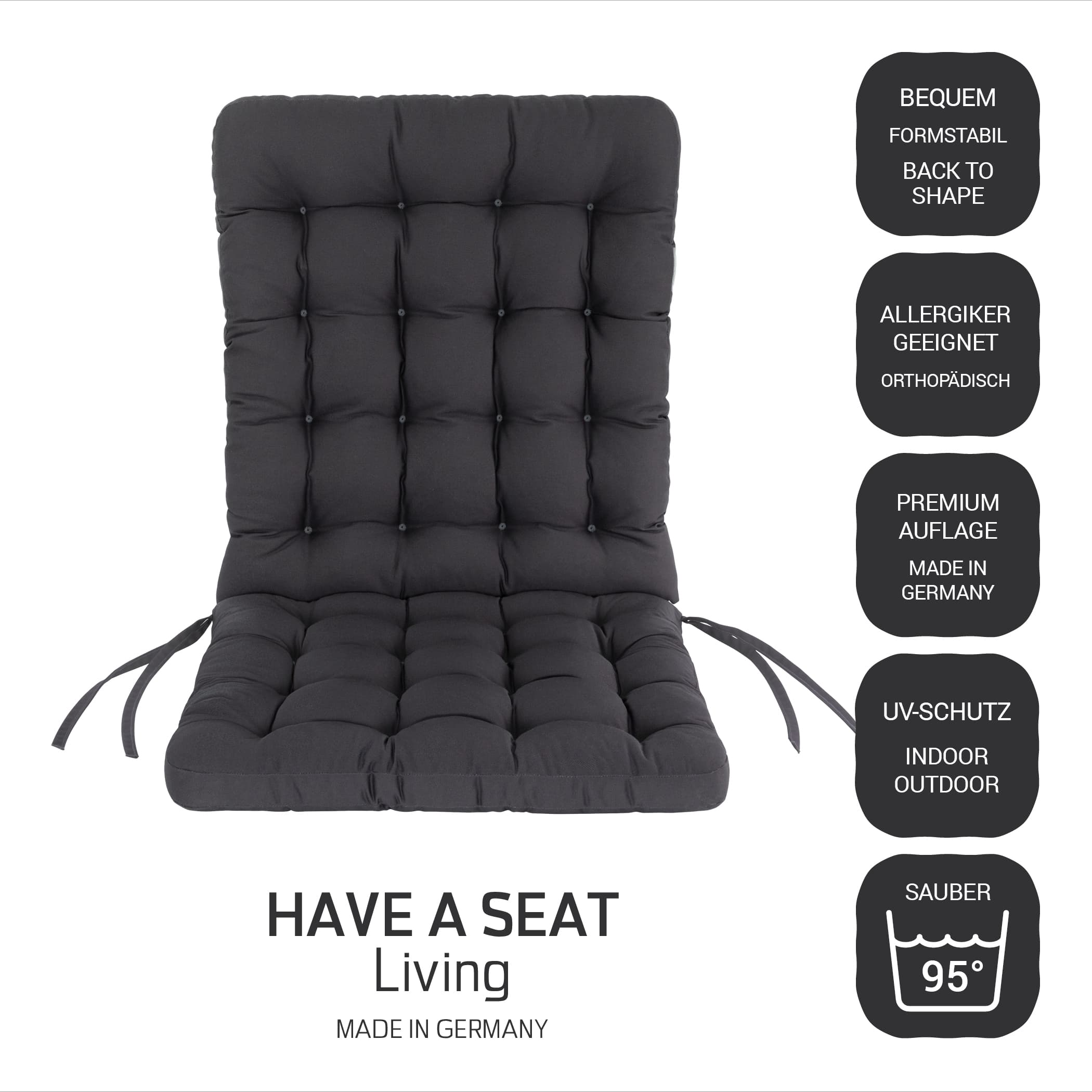 Stuhlauflage Niedriglehner waschbar | Grau / Anthrazit | HAVE A SEAT Living Premium Niedriglehner Auflage Luxury 100x48 cm in Grau / Anthrazit – Eigenschaften: waschbar bis 95°C, wetterfest, orthopädisch, Made in Germany