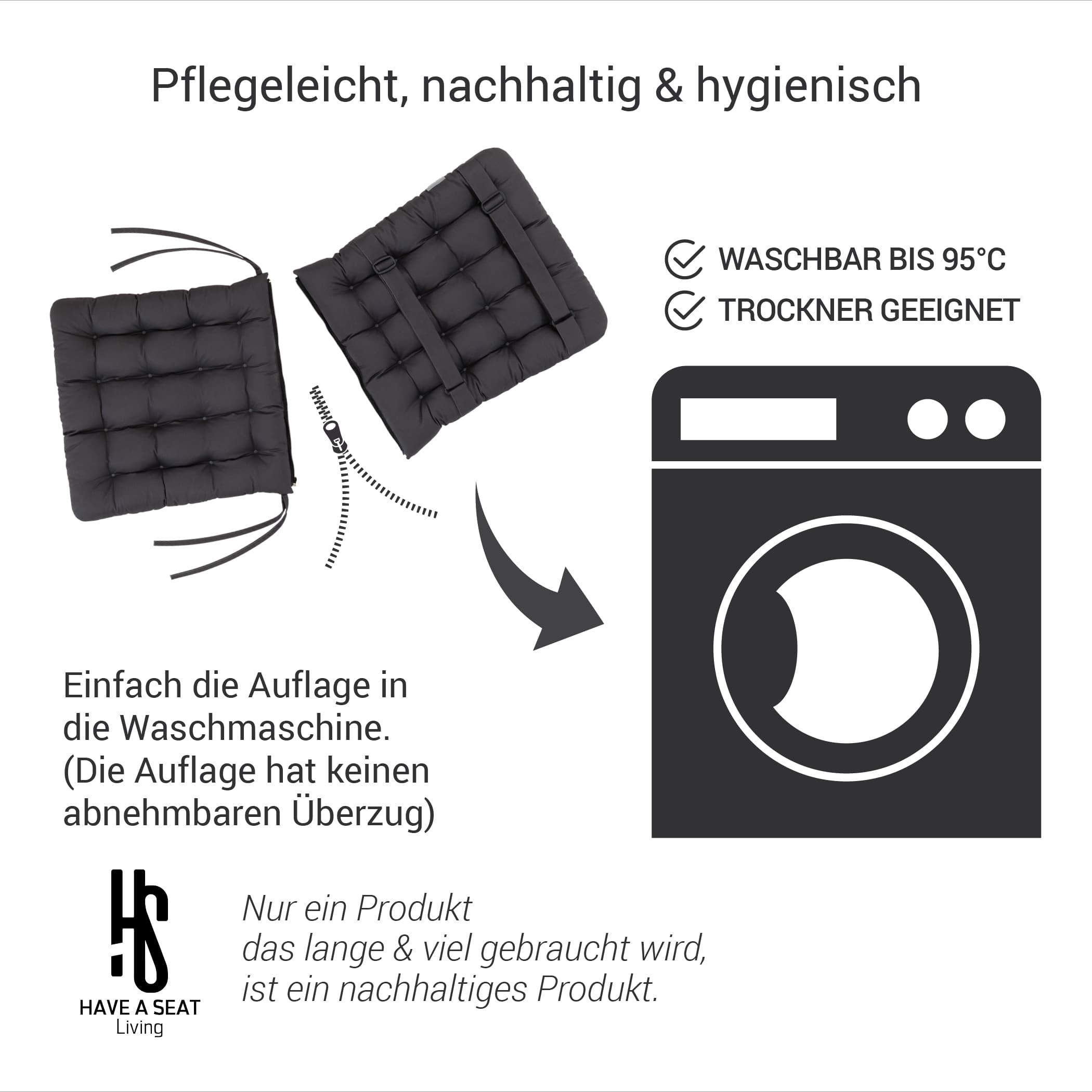 Auflage Niedriglehner waschbar | Grau / Anthrazit | HAVE A SEAT Living Nachhaltige Sitzauflagen für Niedriglehner waschbar bis 95°C, hygienisch und pflegeleicht - Serie Luxury in Grau / Anthrazit