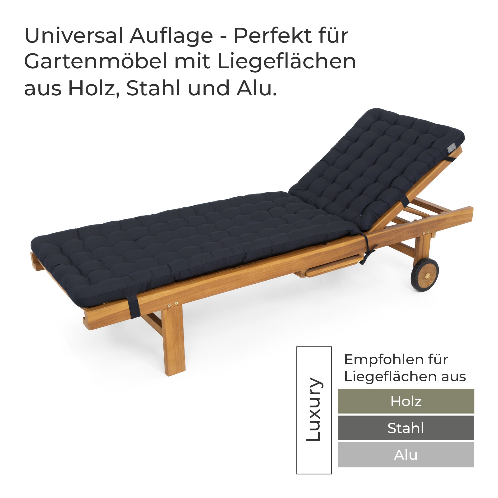 Blauen Liegenauflage auf einer Gartenliege, geeignet für Liegeflächen aus Holz, Stahl und Aluminium.