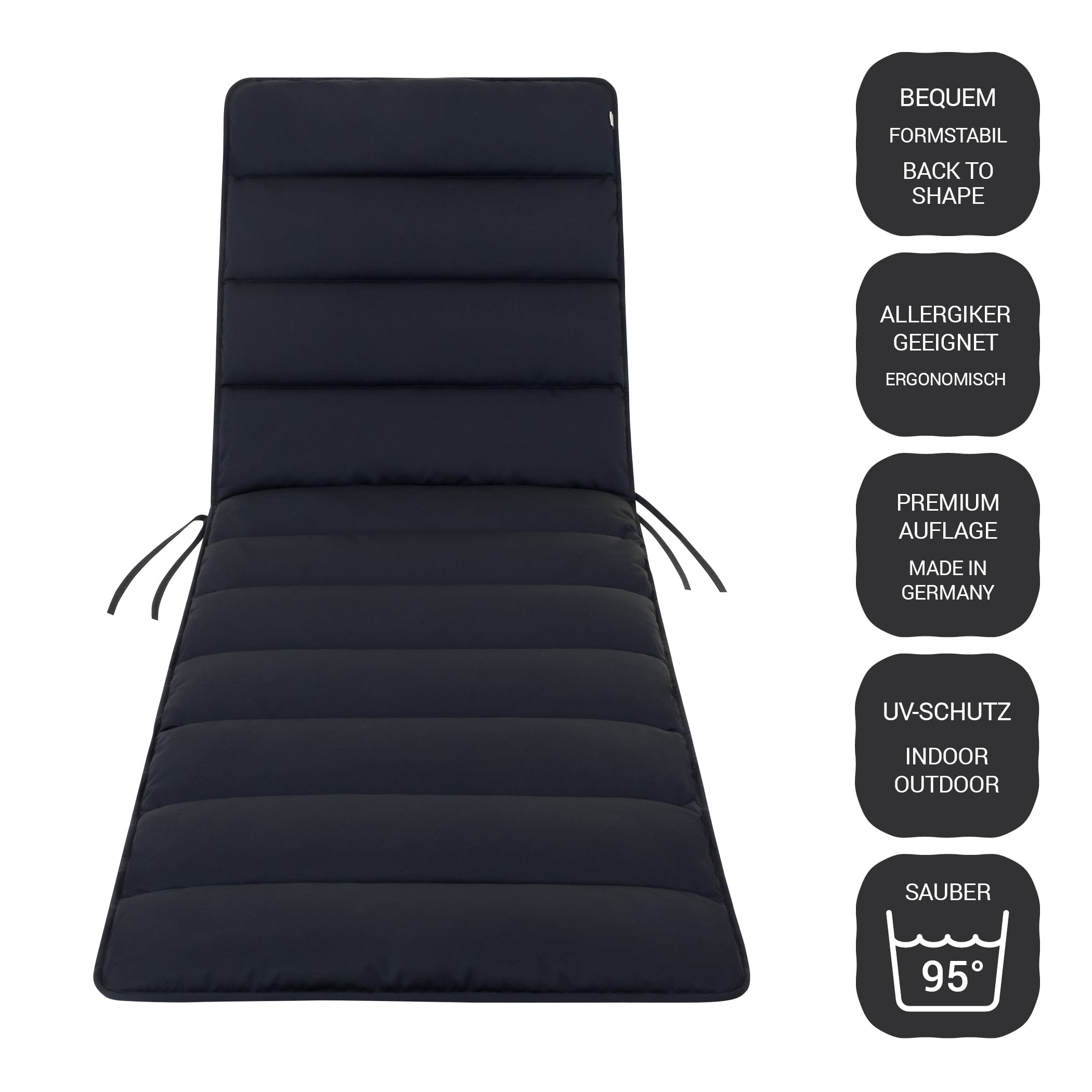 Frontalansicht wetterfeste Liegenauflagen Flair in Marine-Blau – ergonomisch, allergikergeeignet, Made in Germany