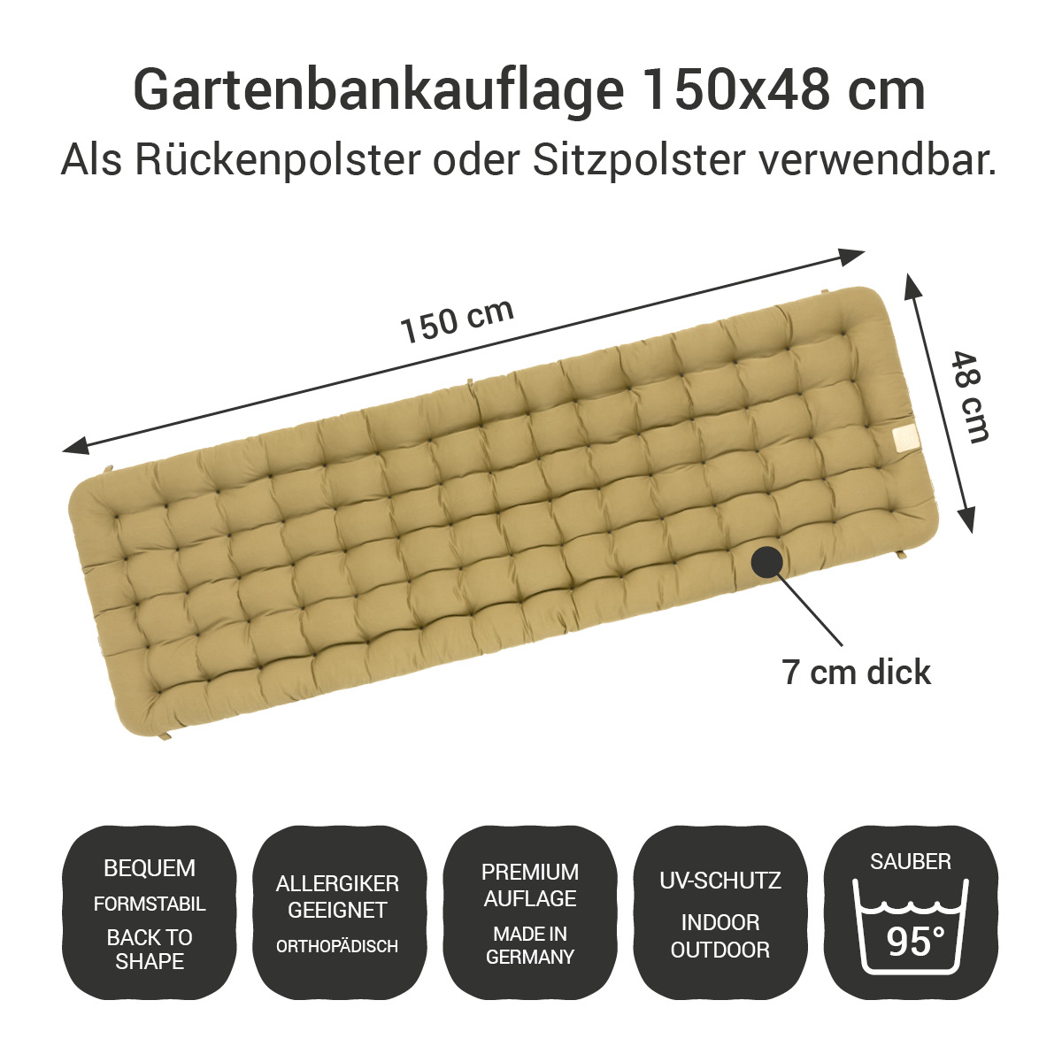 Gartenbank Auflage beige 150x48 cm / 150 x 50 cm | bequem & orthopädisch, komplett im Ganzen waschbar bis 95°C, wetterfest, Made in Germany