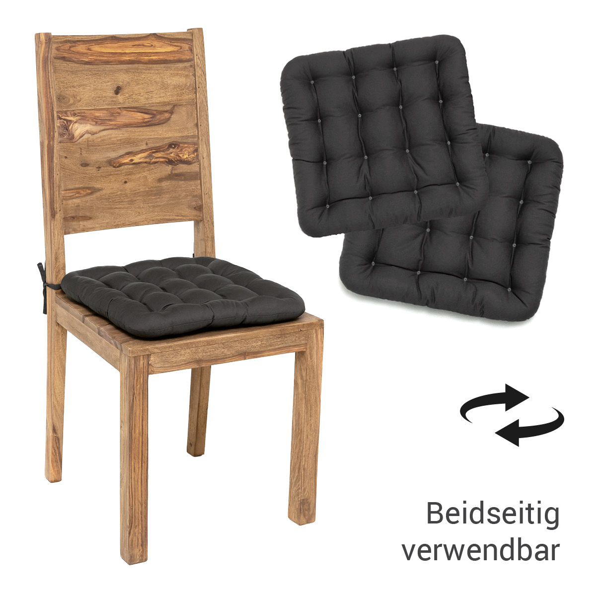 Premium Stuhlkissen 40x40 zum Binden in Grau / Anthrazit, das Stuhlsitzkissen kann auf beiden Seiten verwendet werden | HAVE A SEAT Living