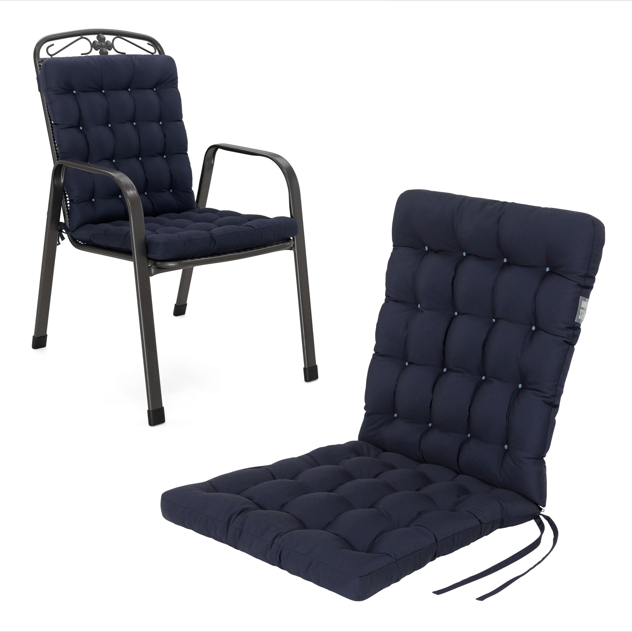 Niedriglehner Auflagen | Marine-Blau | HAVE A SEAT Living Orhopädische Auflage Niedriglehner Luxury 100x48 cm 6 cm dick in Marine Blau – Seitenansicht und auf einem Dehner Savoy Gartenstuhl