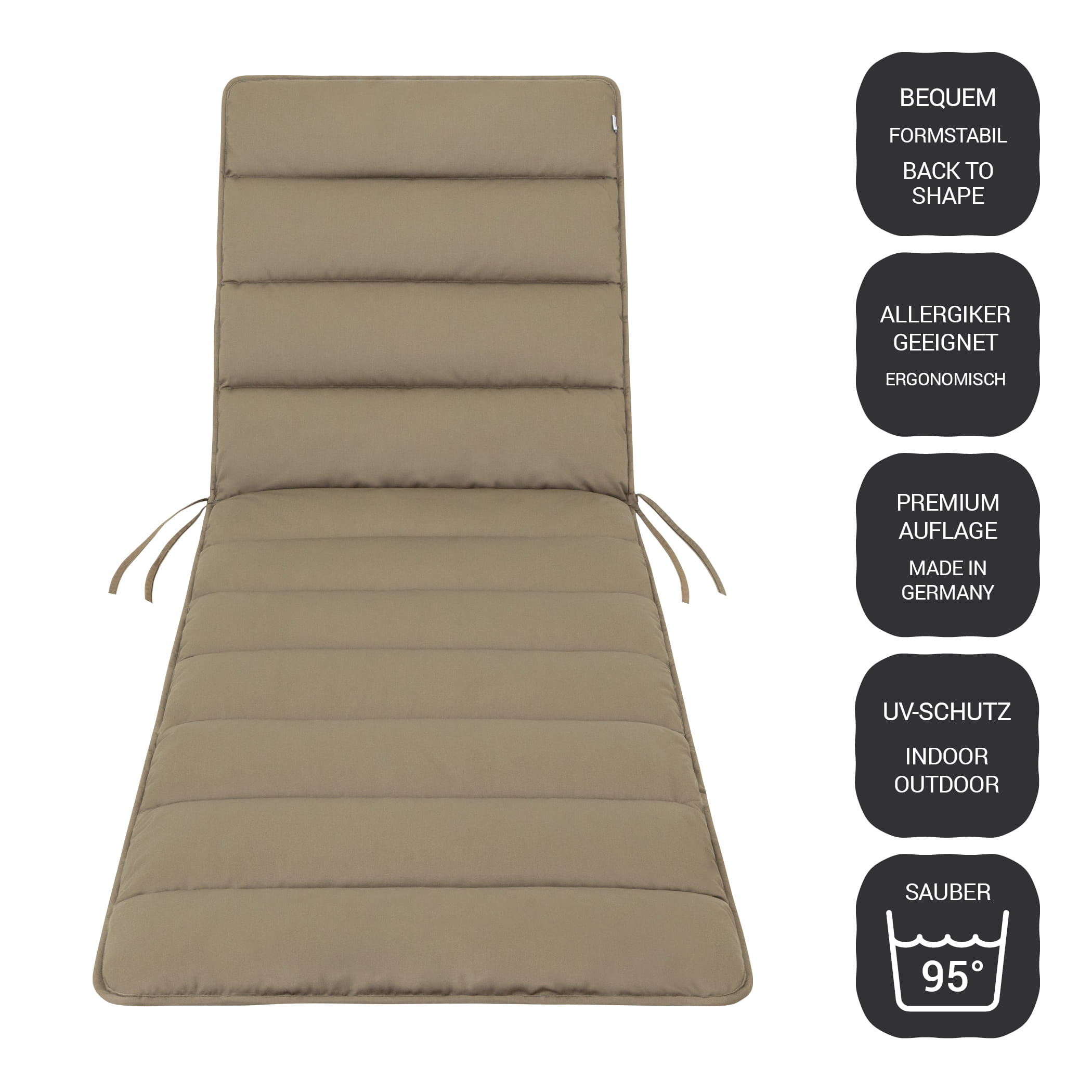 Frontalansicht wetterfeste Liegenauflagen Flair in Goldbraun – ergonomisch, allergikergeeignet, Made in Germany