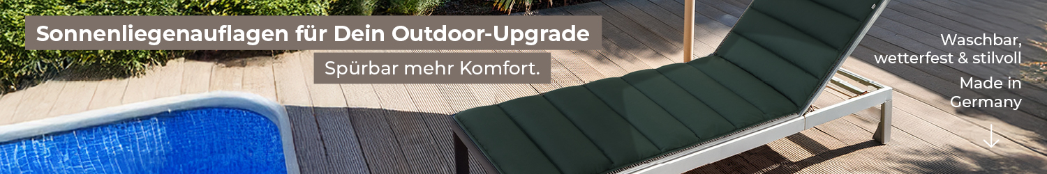 Sonnenliegenauflage in Premium-Qualität auf moderner Liege – wetterfest, waschbar & bequem – ideal für den Outdoor-Bereich
