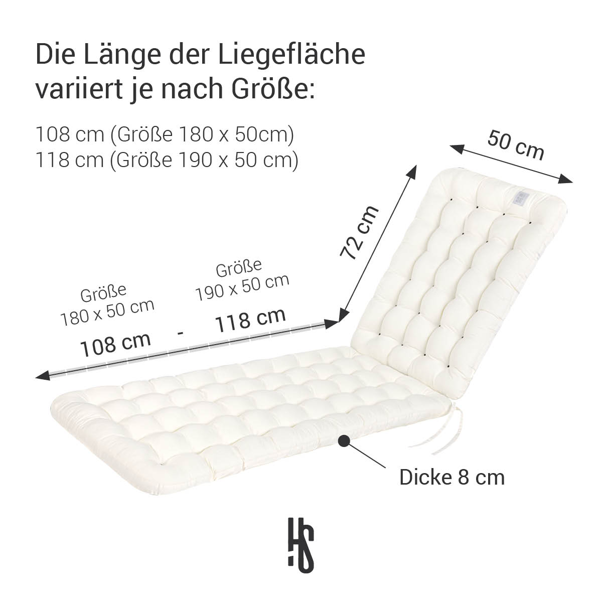 Deckchair Auflage Weiß 180x50 cm / 190x50 cm, Polsterung 8 cm Dick mit Rückenteil 72 cm lang | orthopädische Liegefläche | HAVE A SEAT Living