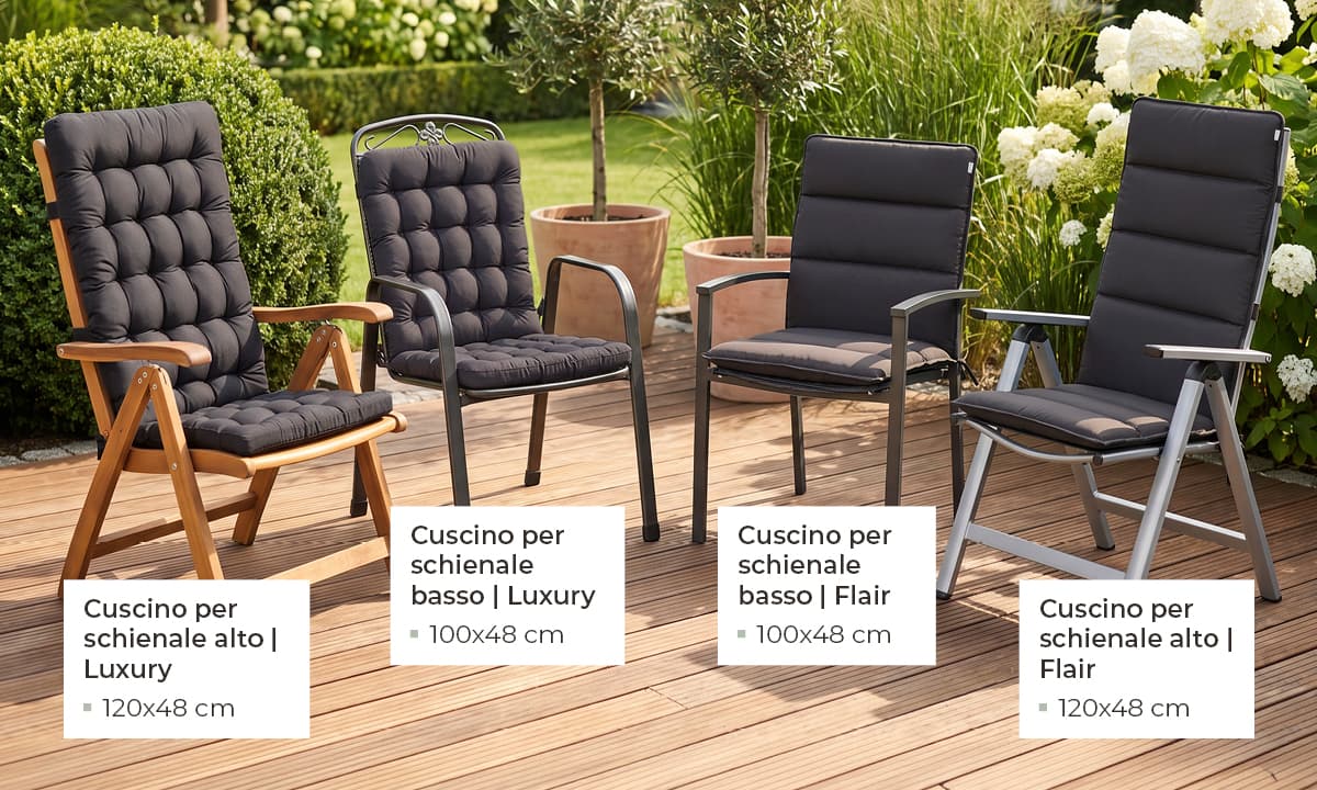 Quattro sedie da giardino con cuscini grigio scuro su una terrazza in legno – cuscini per schienale alto e basso nelle serie Luxury e Flair, circondate da fiori e arbusti – cuscini HAVE A SEAT per sedie da giardino.