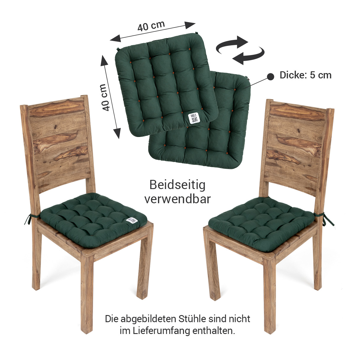 Premium Stuhlkissen 40x40 zum Binden in Moosgrün, das Stuhlsitzkissen kann auf beiden Seiten verwendet werden | HAVE A SEAT Living