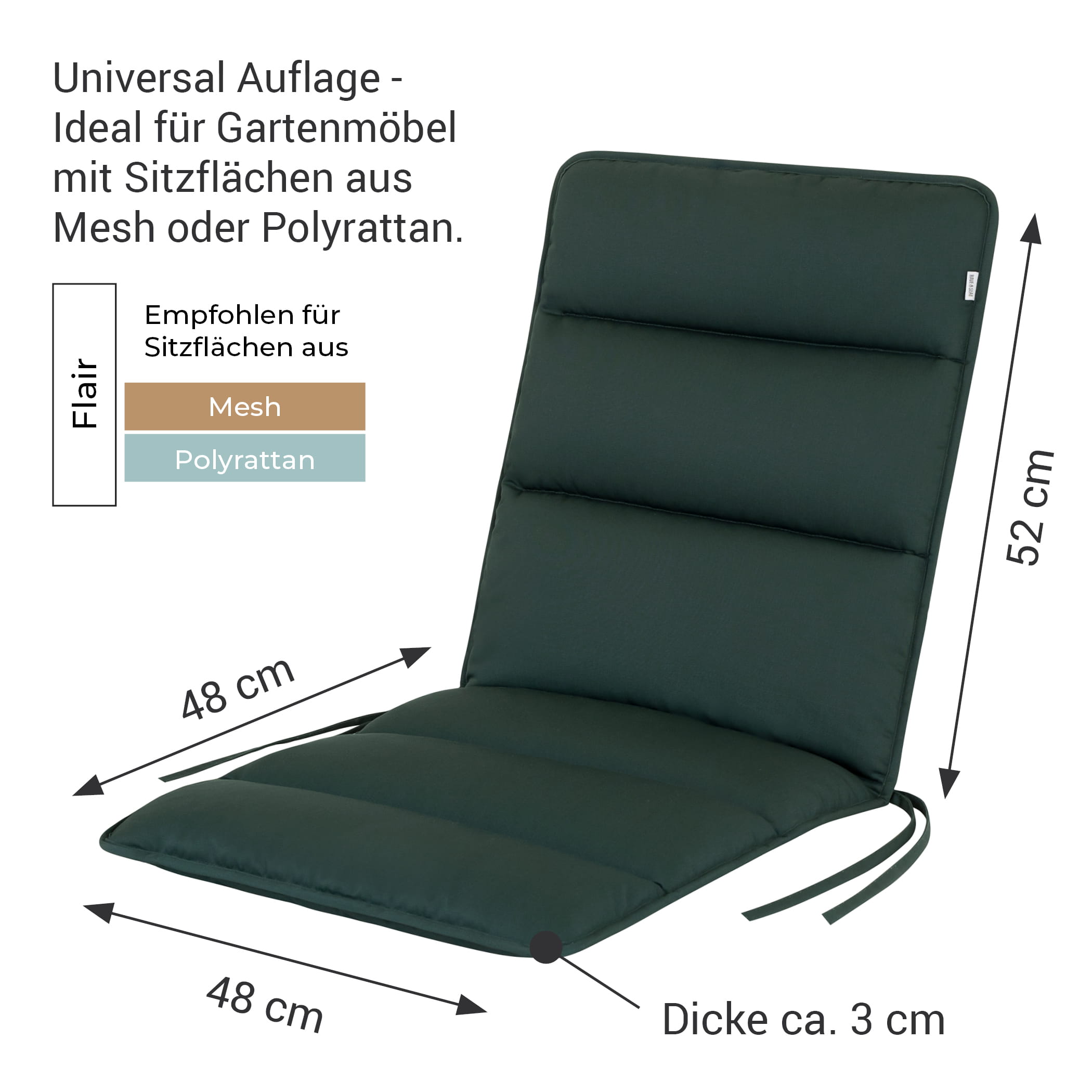 Universal-Auflage für Gartenstühle - Serie Flair in Moosgrün - Auflagenbreite: 48 cm, Sitztiefe 48 cm, Höhe Rückenteil: 52 cm, Dicke: ca. 3 cm