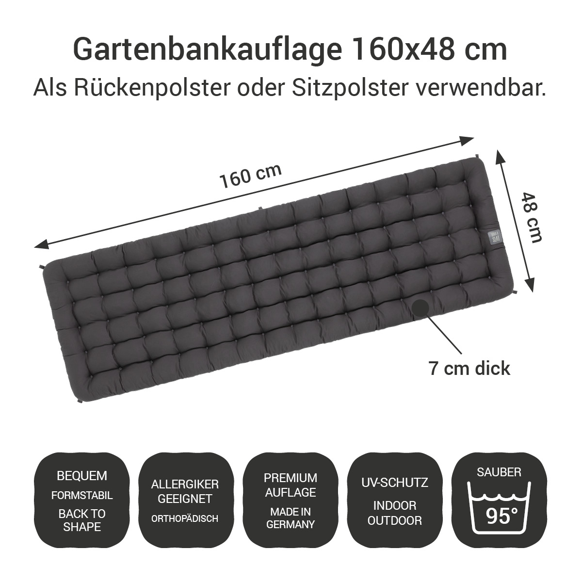 Gartenbankauflage dunkelgrau | 160x48 cm / 160 x 50 cm | bequem & orthopädisch, komplett im Ganzen waschbar bis 95°C, wetterfest, Made in Germany