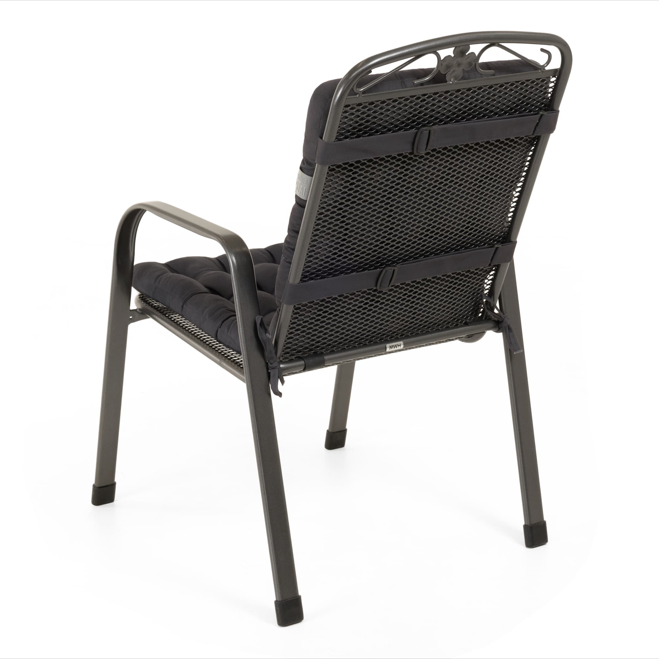Polsterauflage Niedriglehner | Grau / Anthrazit | HAVE A SEAT Living Stuhlauflage Niedriglehner Luxury in Hellgrau auf einem MWH Metall-Gartensessel Savoy - Rückansicht mit Darstellung der Befestigungsbänder