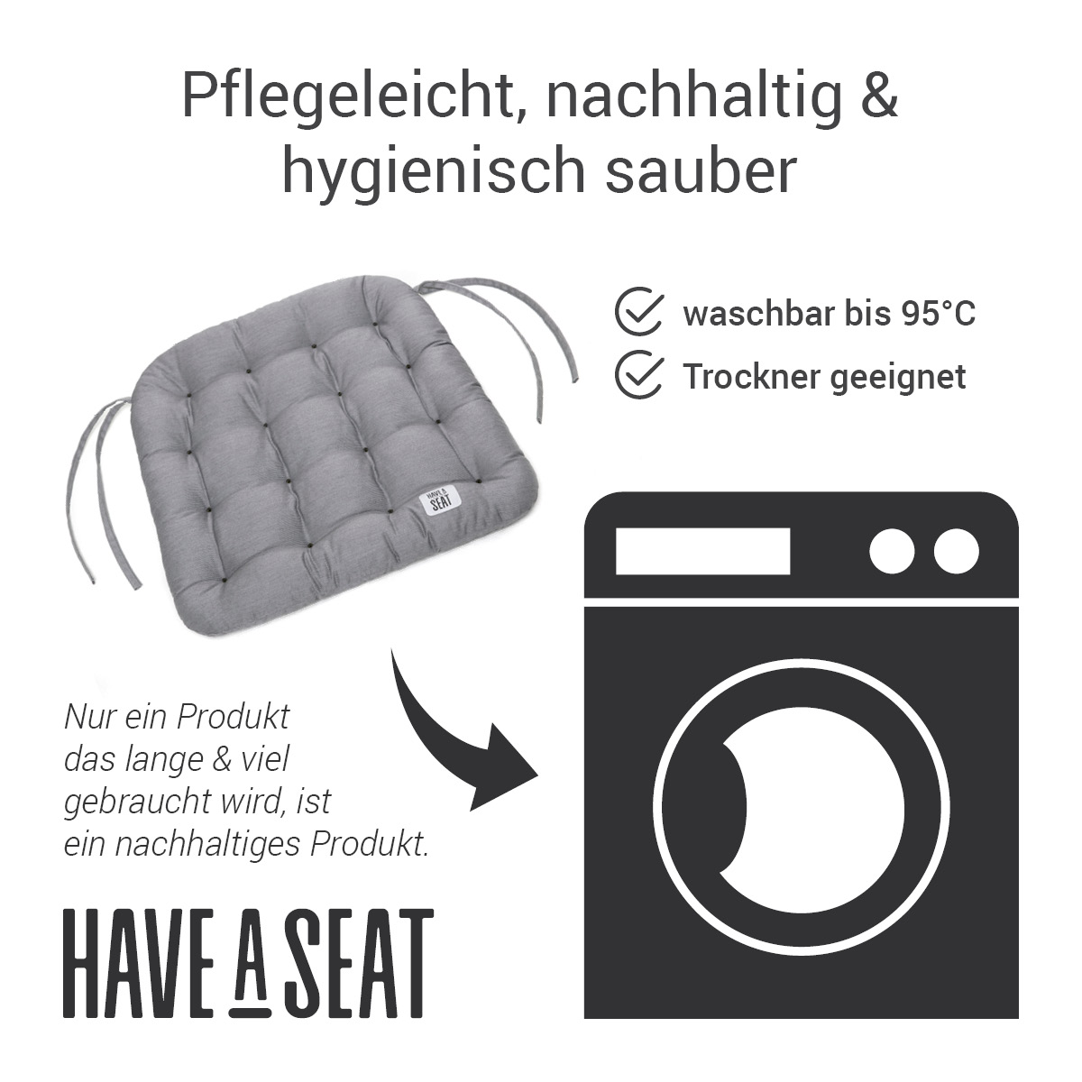 Sitzkissen für Rattansessel hellgrau 48x46 cm, komplett waschbar bis 95°C (das Sitzkissen für Stühle hat keinen Überzug) | HAVE A SEAT Living